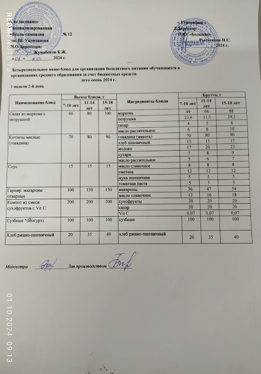 1-4 және СУСН 5-11 сынып оқушыларына арналған ыстық тамақ ас мәзірі