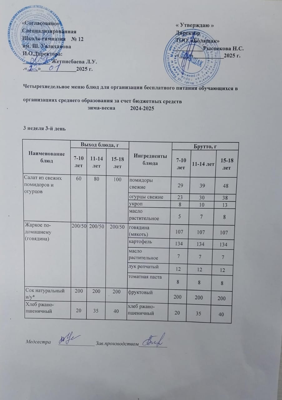 1-4 және СУСН 5-11 сынып оқушыларына арналған бір мезгілдік ас мәзірі
