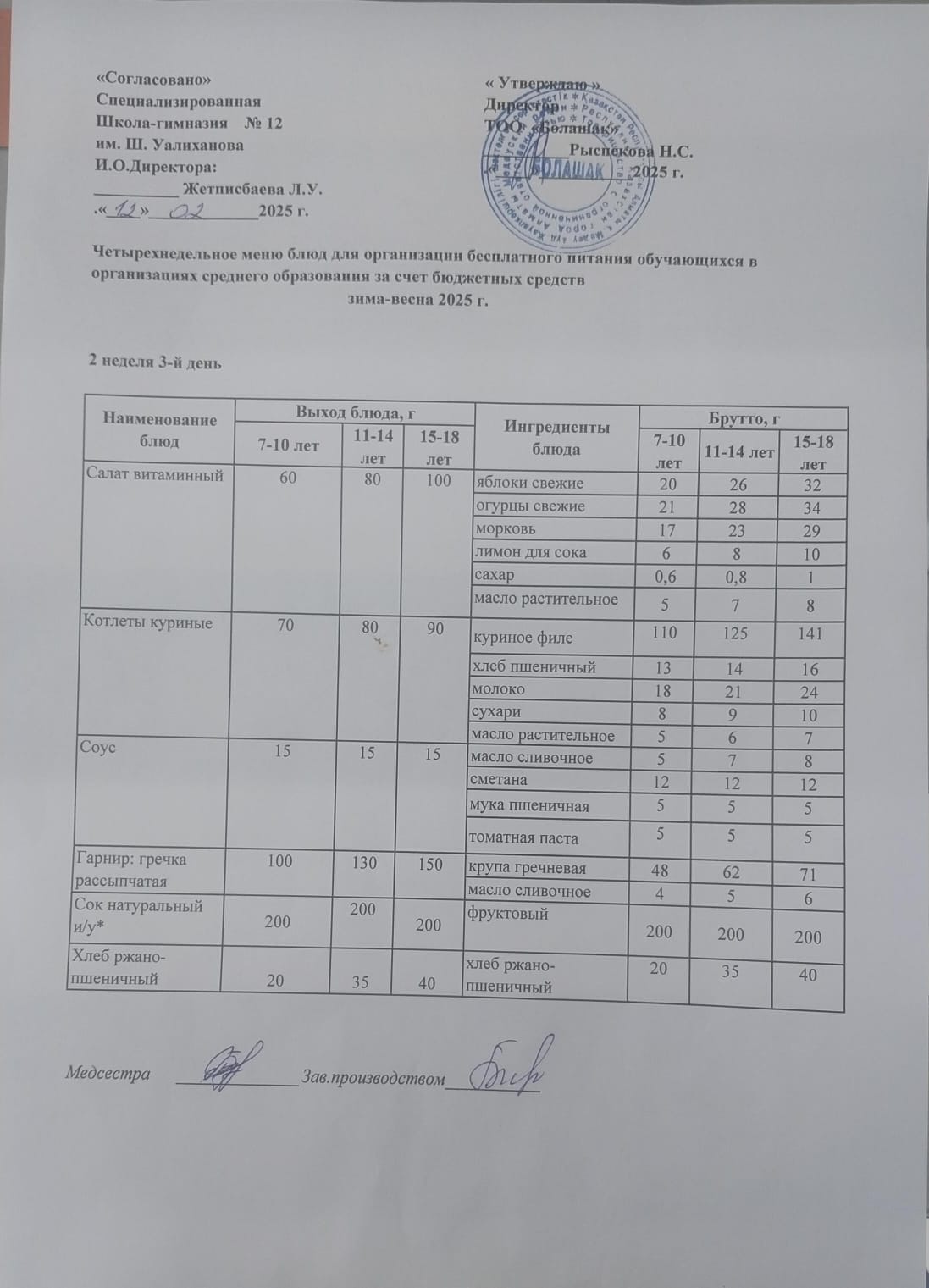 1-4 және СУСН 5-11 сынып оқушыларына арналған ыстық тамақ ас мәзірі