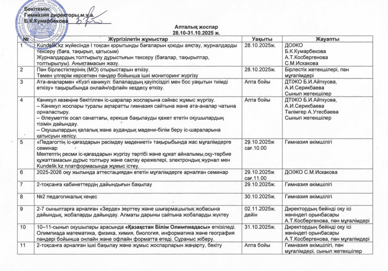 Апталық жоспар!